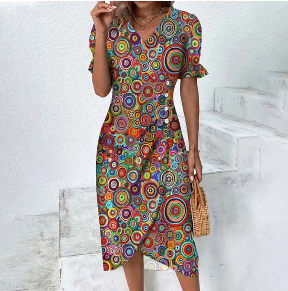 "Woman wearing elegant button-front dress in assorted colors with a flattering silhouette and classic style."