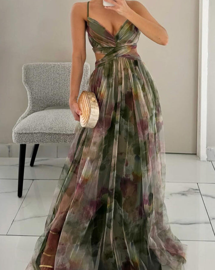 Elegant printed women's maxi dress featuring hollow out design & V-neck, a chic choice for summer vacations.