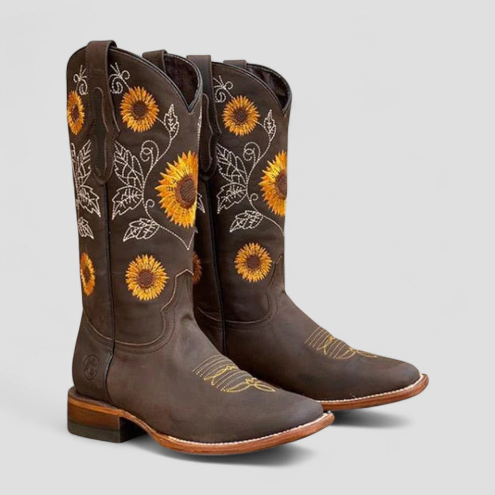 Comfortable women's floral embroidered western boots with a stable low block heel, versatile & chic.
