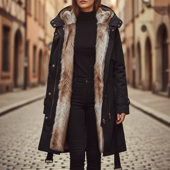 Women's black hooded winter parka, long and warm, perfect for cold weather casual wear. Padded outerwear.