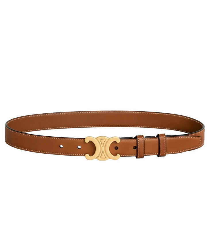 Women's black leather belt with a sleek gold buckle, perfect for elegant styling.