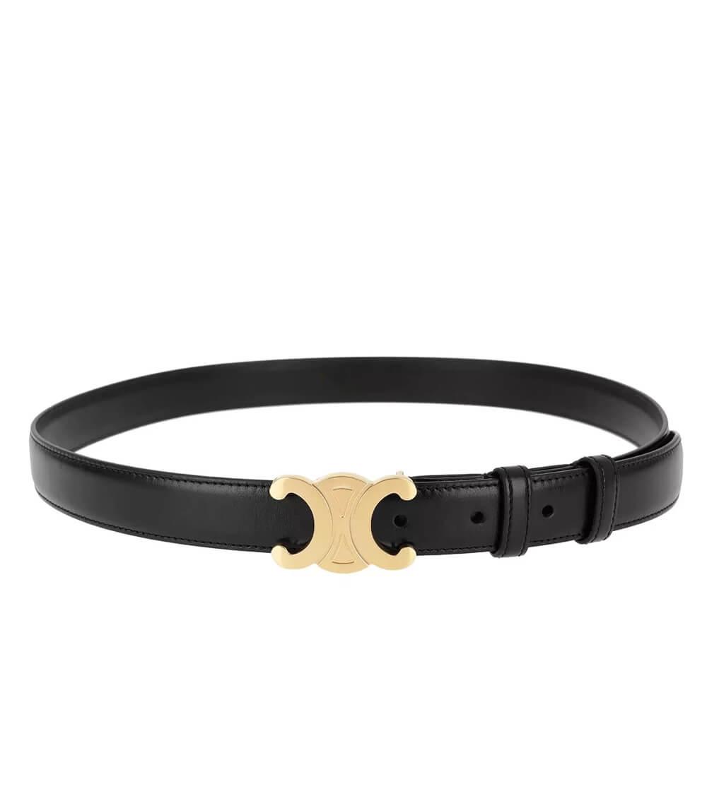 Women's dress belt: premium black leather with a striking gold buckle, an elegant fashion accessory.
