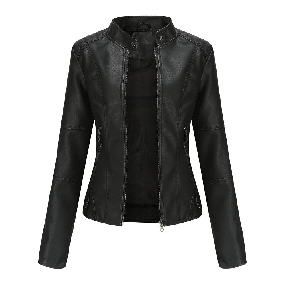 Women's genuine leather jacket with a distinctive mandarin collar. Stylish & comfortable for fall/spring.