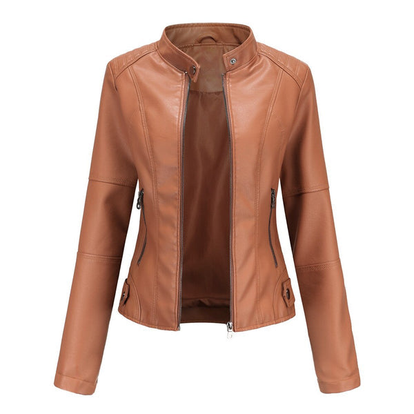 Stylish women's fall fashion jacket with a chic mandarin collar. Edgy leather outerwear for a modern look.