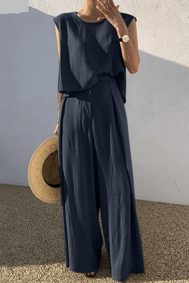 Chic women's marine loose-fit minimalist outfit. Two-piece set with wide-leg pants, perfect for casual wear & loungewear.