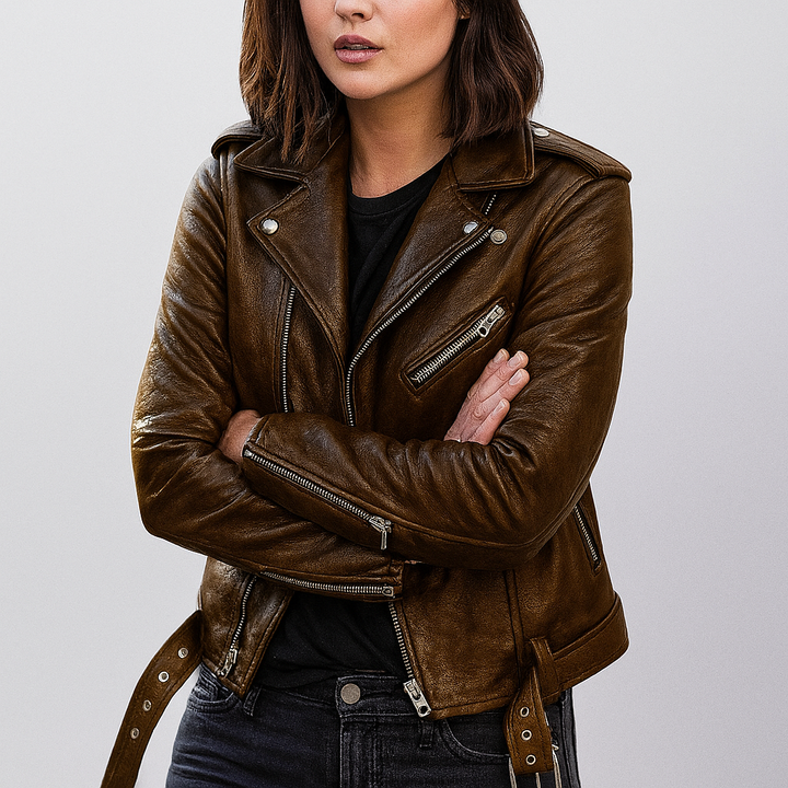 Edgy women's slim fit biker jacket, ideal for autumn/winter outerwear. A fashionable and casual zip-up jacket.