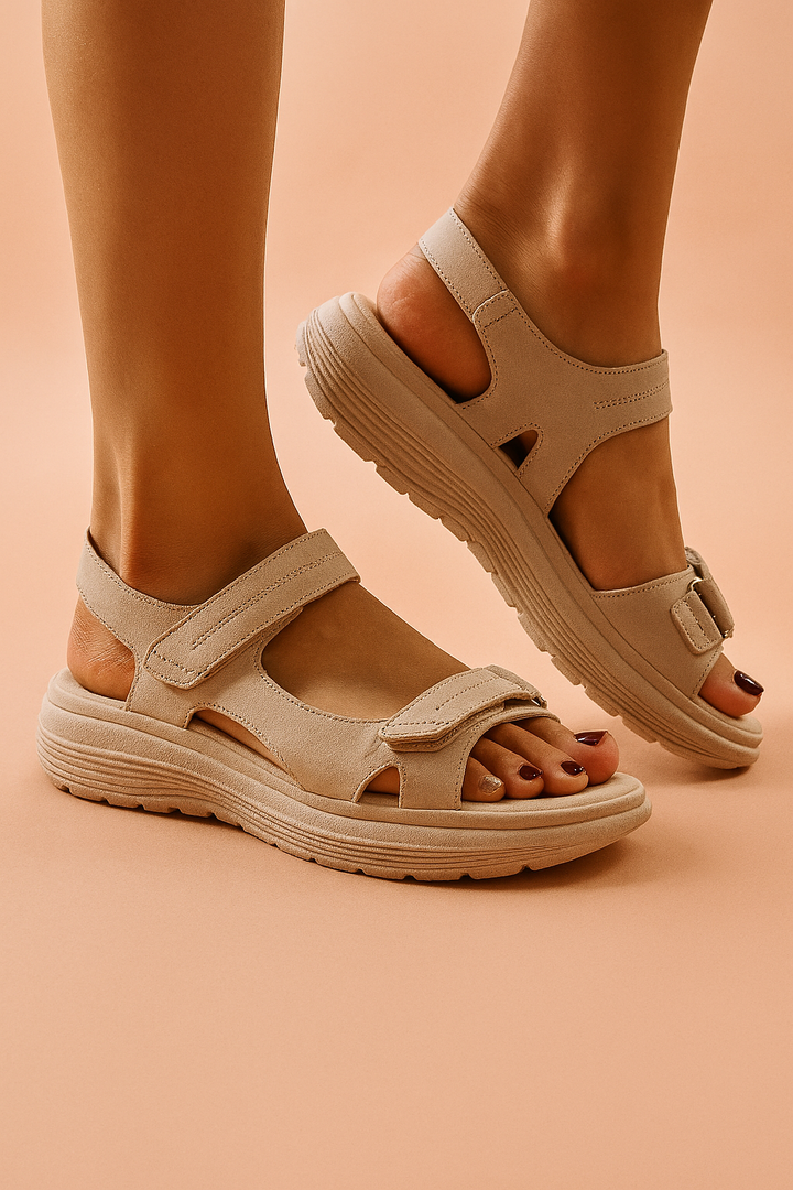 Women's black sporty platform sandals with adjustable hook-and-loop straps for comfortable summer walking. Open toe, thick sole.