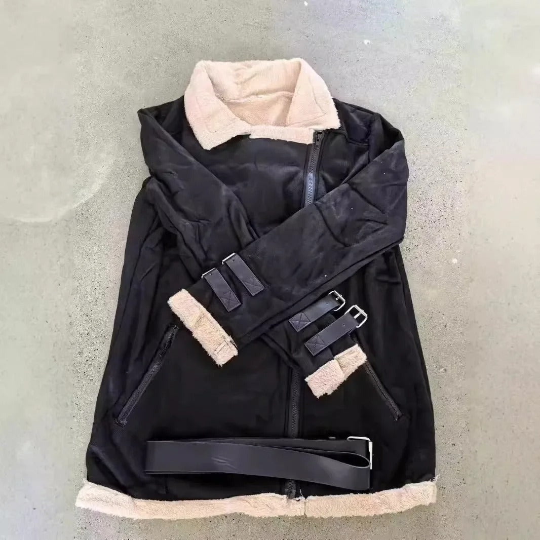 Black women's fashion winter jacket with a stylish belt & practical pockets. Warm, trendy outerwear.