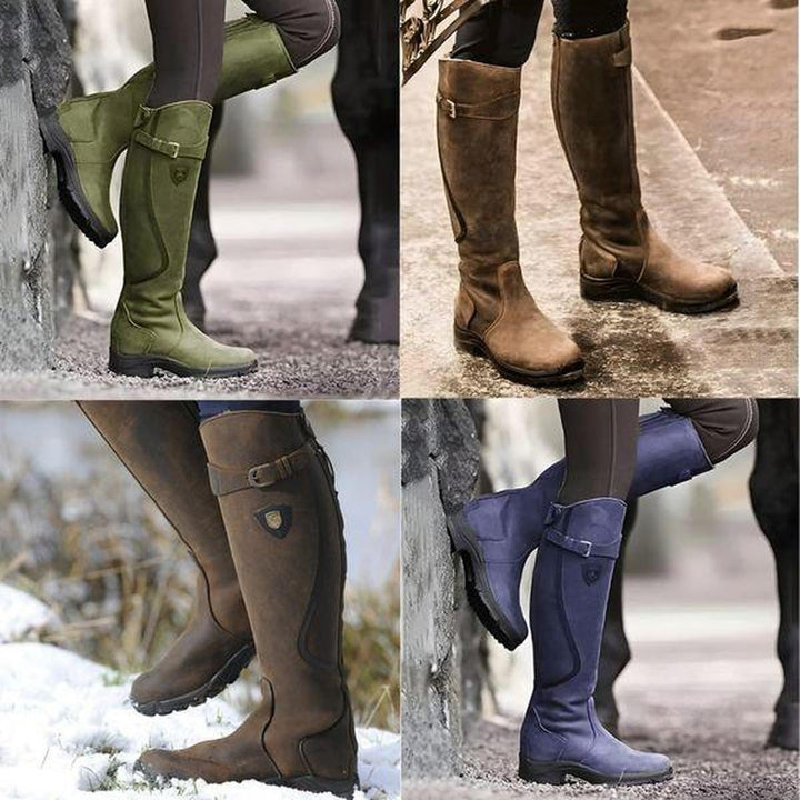 Sleek black women's waterproof winter riding boots, tall design with durable materials for all-weather fashion.