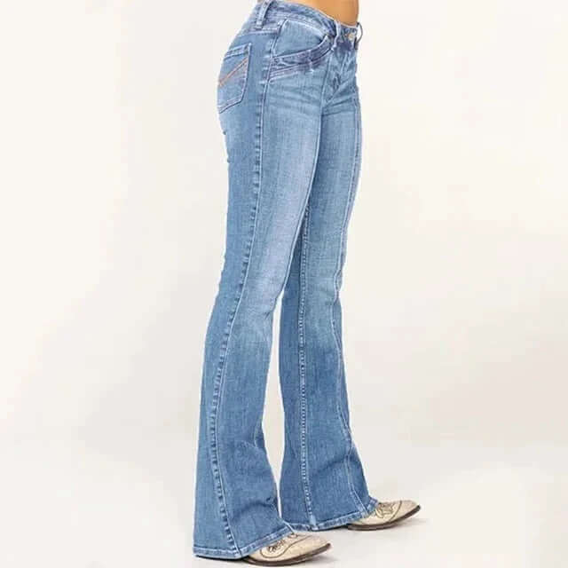 Black high-waist flared jeans for women, offering a chic retro denim look and comfortable fit.