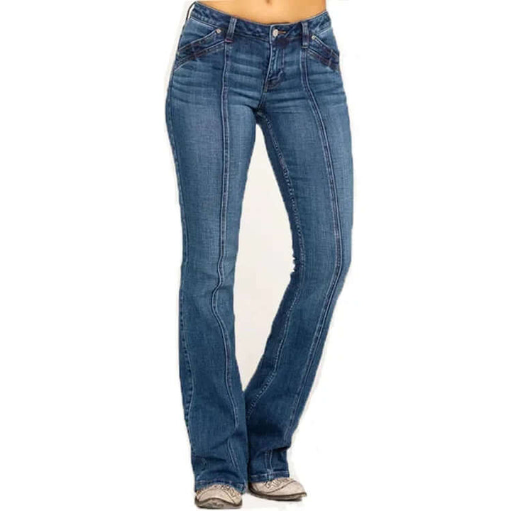 Sky blue women's flared jeans, bringing a vintage style and casual comfort. Fashionable bell bottom denim.
