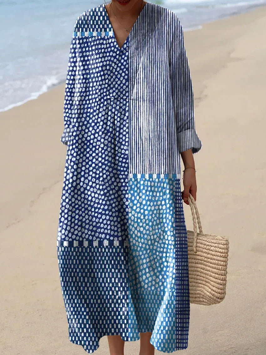 Women's blue midi dress, a comfortable and versatile everyday casual dress with a relaxed, flowy fit for spring/summer.