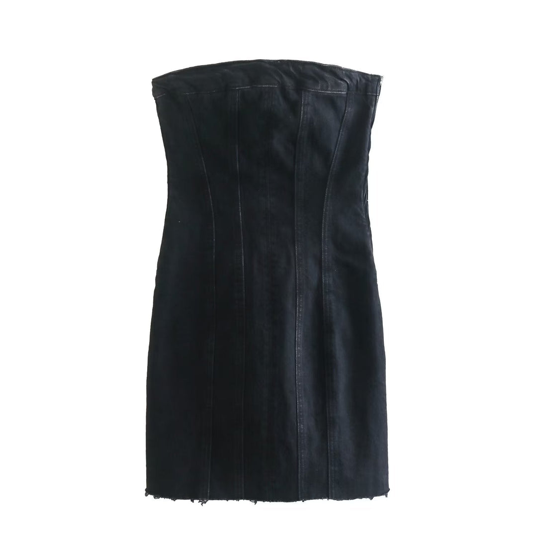 Versatile Bobbie strapless denim mini dress for women, casual yet elegant.