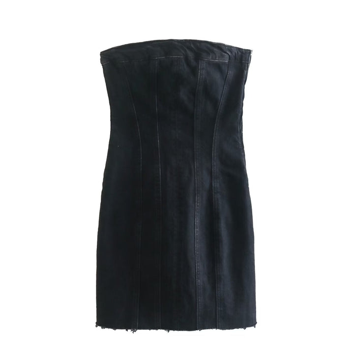 Versatile Bobbie strapless denim mini dress for women, casual yet elegant.