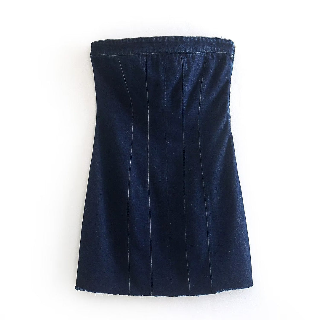 Chic Bobbie strapless denim mini dress for women, perfect for fashion-forward looks.