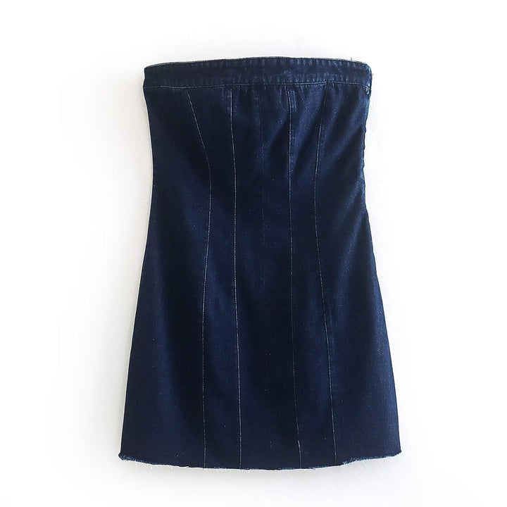 Chic Bobbie strapless denim mini dress for women, perfect for fashion-forward looks.