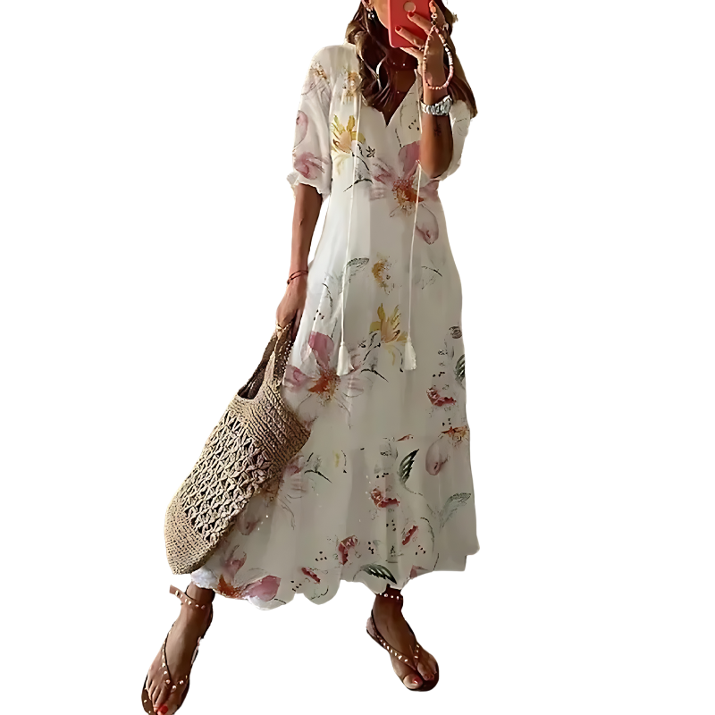 Women's Bohemian floral maxi dress, perfect for summer comfort & beach vacations. Flowy long casual polyester dress.