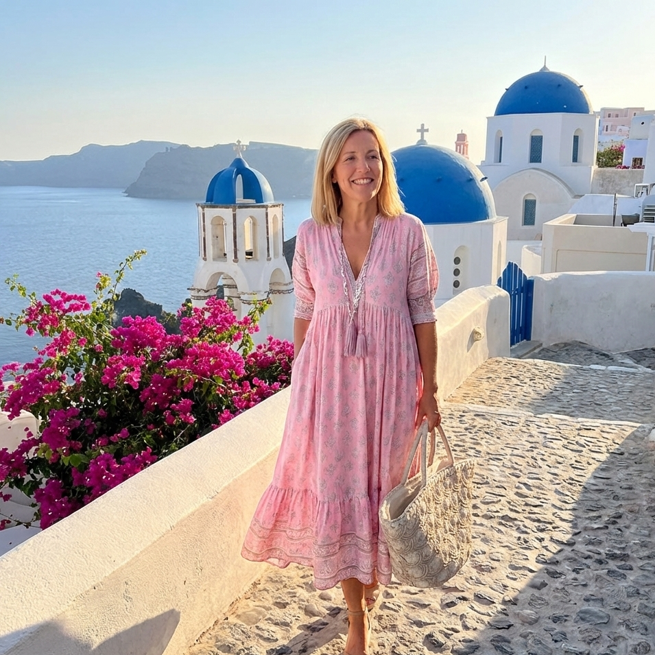 Stylish women's tiered bohemian midi dress with 3/4 sleeves & relaxed fit, ideal for summer & vacation.