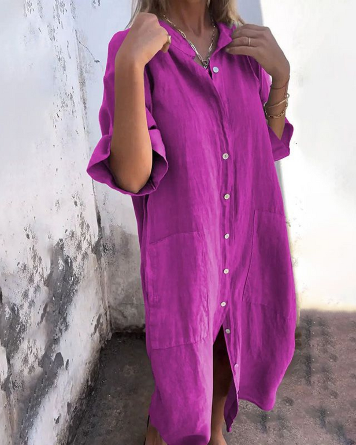 Full-length women's boho button-down dress with a chic tie waist, perfect for relaxed summer days.