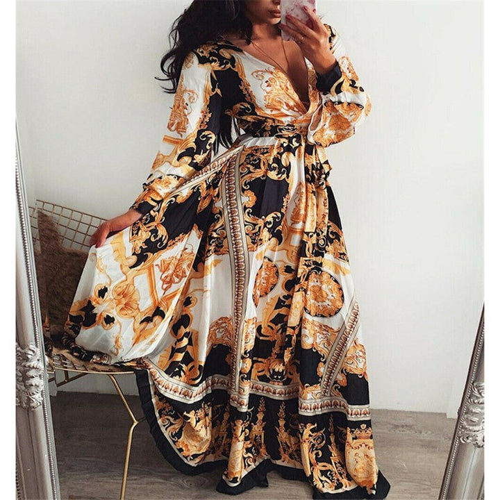 Women's casual long sleeve boho wrap dress, a flowy maxi style with an alluring slit for summer.