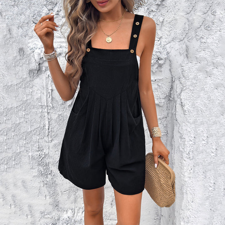 Versatile women's casual jumpsuit, featuring button straps & practical pockets, ideal for relaxed everyday summer outfits.