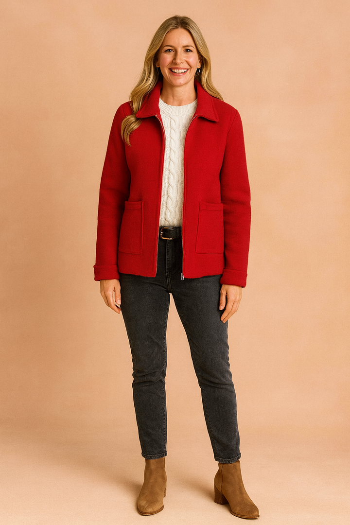 Women's chic cropped zip jacket with functional pockets, perfect for urban style & modern casual outerwear.