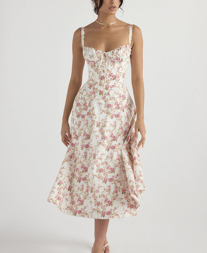 Women's casual floral print sleeveless midi dress, flowy and comfortable with a charming tie-front detail.