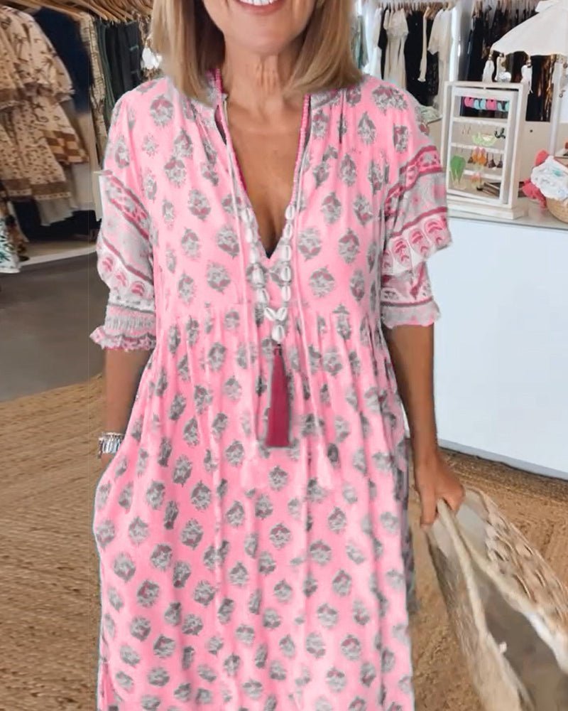 Soft, flowy floral V-neck maxi dress for women, comfortable and elegant summer fashion.