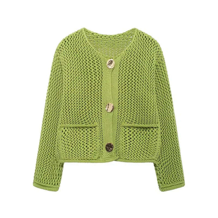 Chic mesh knit cardigan for women, an elegant yet casual layering piece with practical pockets.