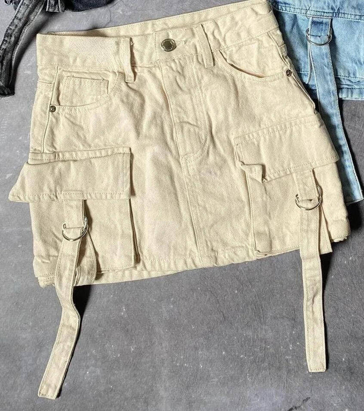 Trendy denim A-line mini skirt for women, featuring multiple functional pockets for a casual look.