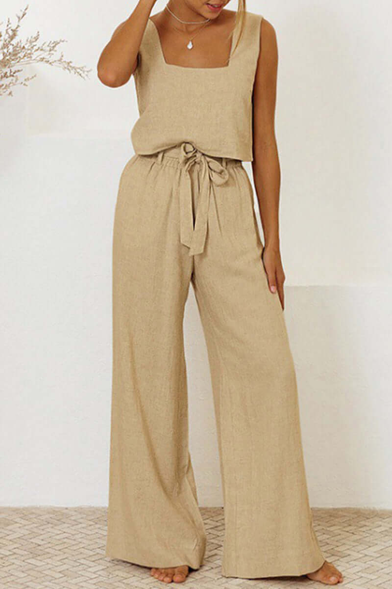 Women's chic sleeveless crop top and wide leg pants set in khaki, perfect for casual summer wear or loungewear.