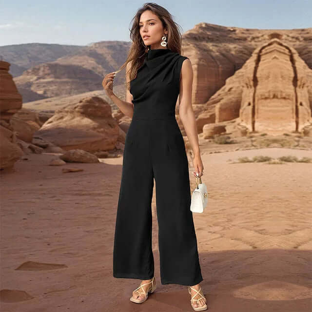 Women's chic sleeveless top & wide-leg pants set. Elegant, comfortable two-piece polyester outfit for summer.