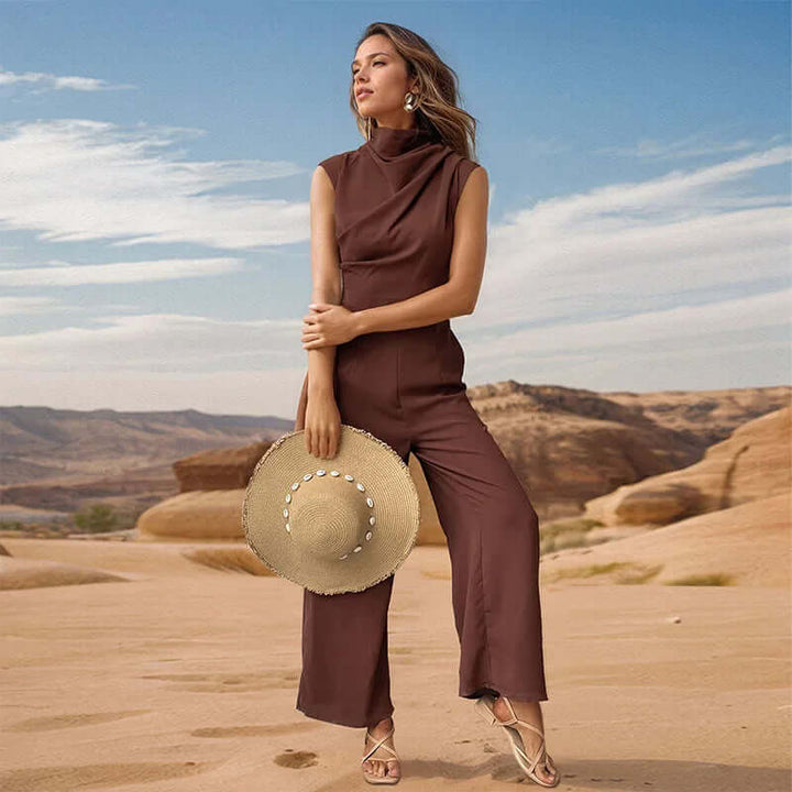 Versatile women's sleeveless top & wide-leg pants set. Chic polyester two-piece outfit for spring & summer fashion.