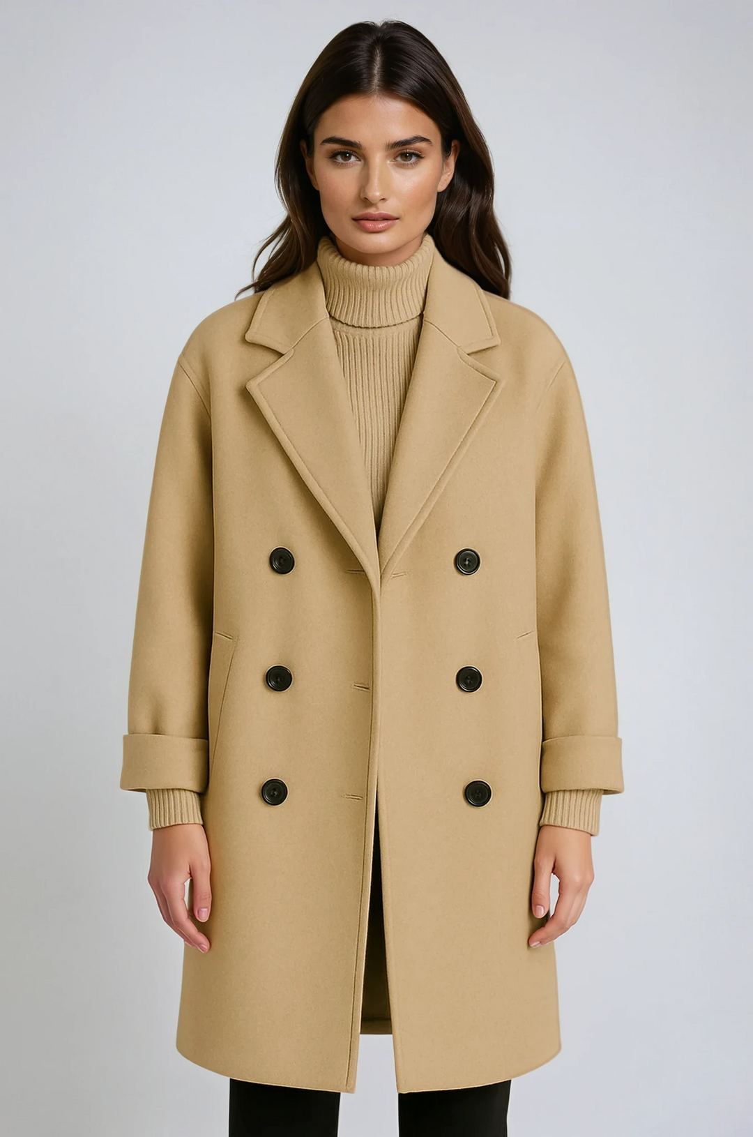 Women's classic belted long winter coat in a neutral color, featuring a stylish lapel collar and an elegant silhouette.