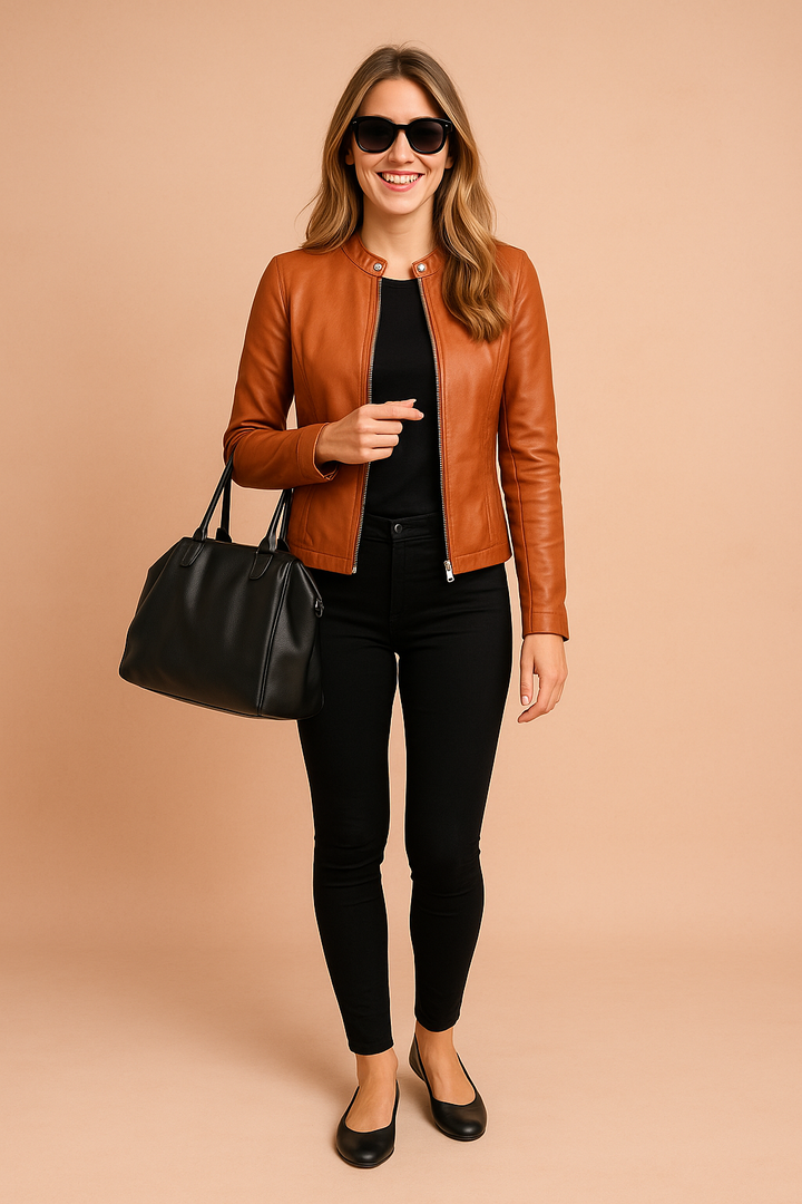 Smooth, warm fabric of women's classic winter jacket, elegant and cozy outerwear.