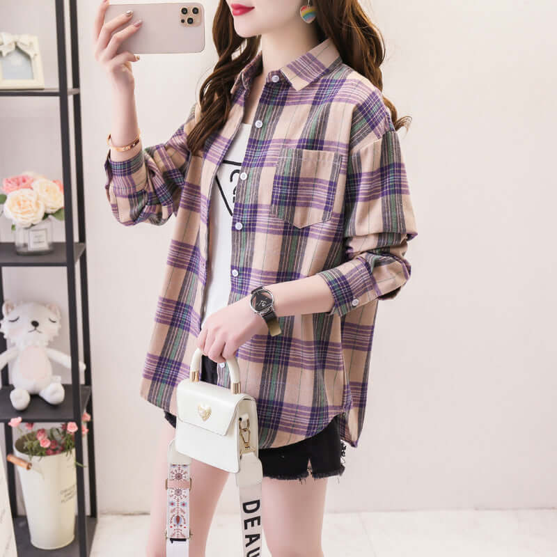 Women's classic plaid long sleeve button-down shirt, perfect for casual everyday wear. Comfortable autumn fashion.