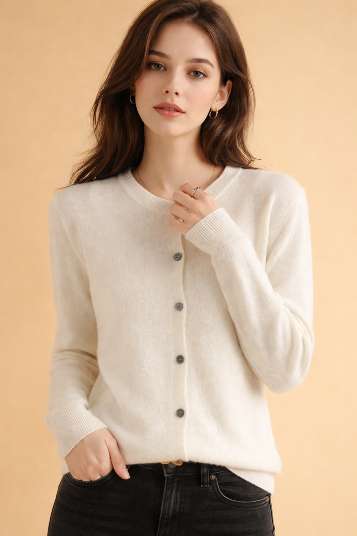 Stylish women's round neck cardigan, a classic button-front design for chic women's fashion & layering.