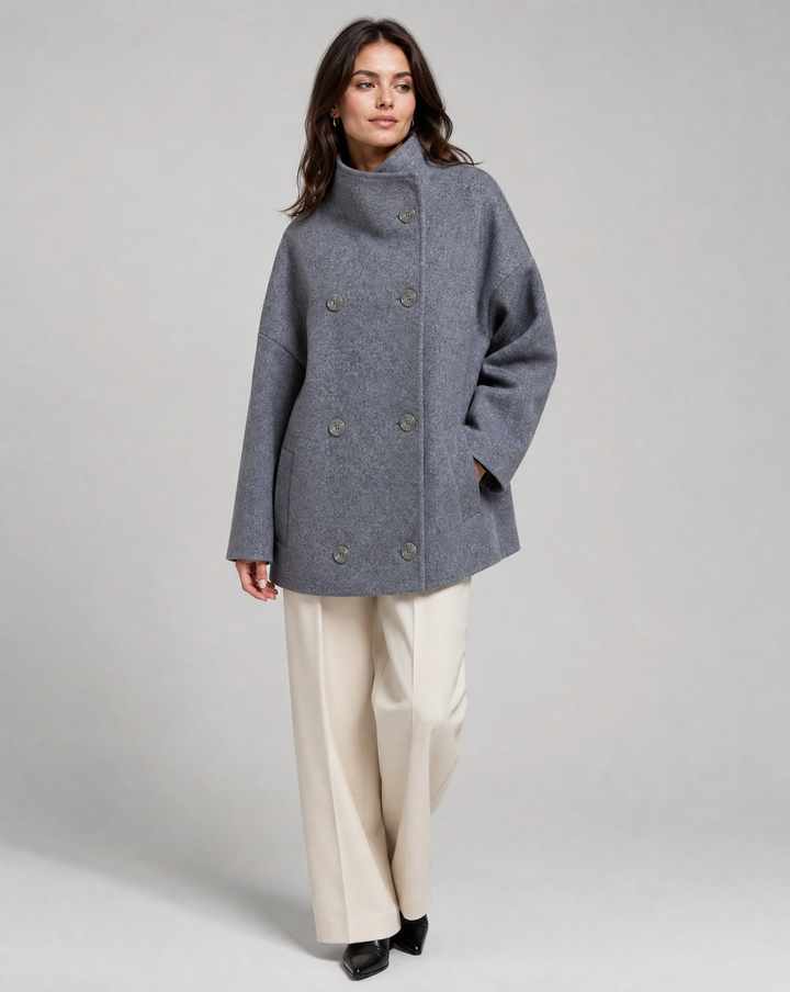 Women's classic stand collar pea coat, elegant winter outerwear for sophisticated fashion.
