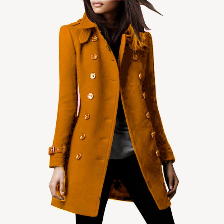 Sophisticated women's wool peacoat, double-breasted, mid-length. Elegant classic fall & winter outerwear.