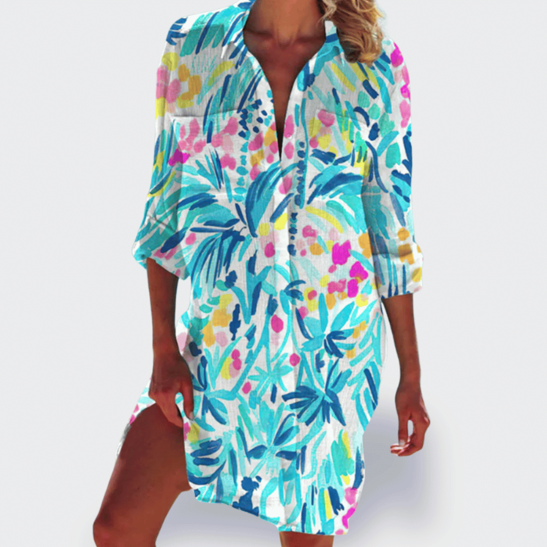 Plus size women's colorful lightweight summer beach dress, comfortable and flowy for vacation.