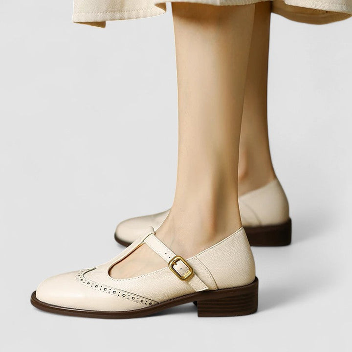 Women's comfortable beige Mary Jane flats for casual everyday wear & walking.