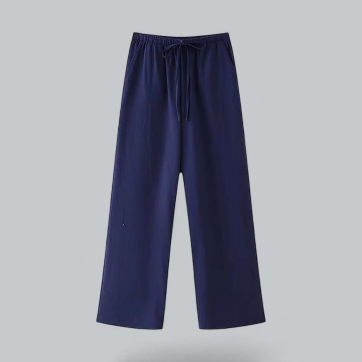 Women's comfortable linen blend top paired with wide-leg trousers, available in khaki, grey, navy.