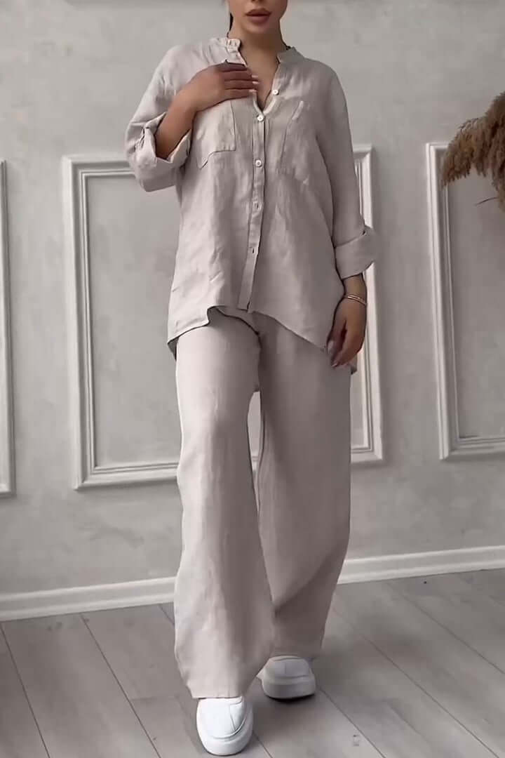 Elegant women's matching linen set for summer, offering a comfortable, relaxed fit & chic style.