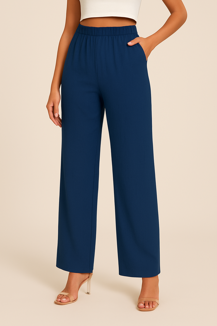 Stylish black women's straight-leg pants with elastic waist, offering comfort and a casual fit.