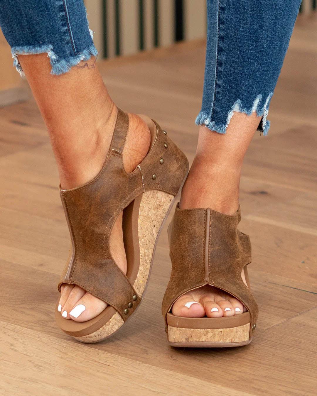 Ergonomic vegan wedge sandals for women, smart casual, comfortable summer shoes, PU leather straps.