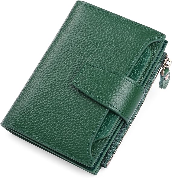 Premium genuine leather women's RFID wallet, compact design with card and coin slots.