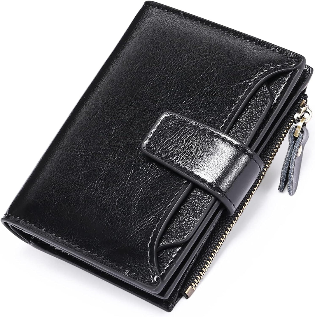 Stylish women's compact leather wallet, secure RFID blocking, ideal travel accessory.