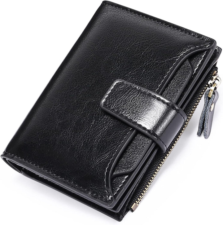 Stylish women's compact leather wallet, secure RFID blocking, ideal travel accessory.