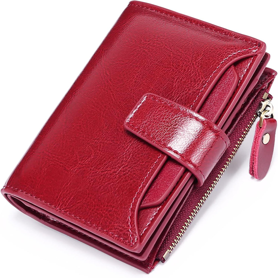 Genuine leather women's compact wallet with secure RFID, multiple card slots & coin pocket.