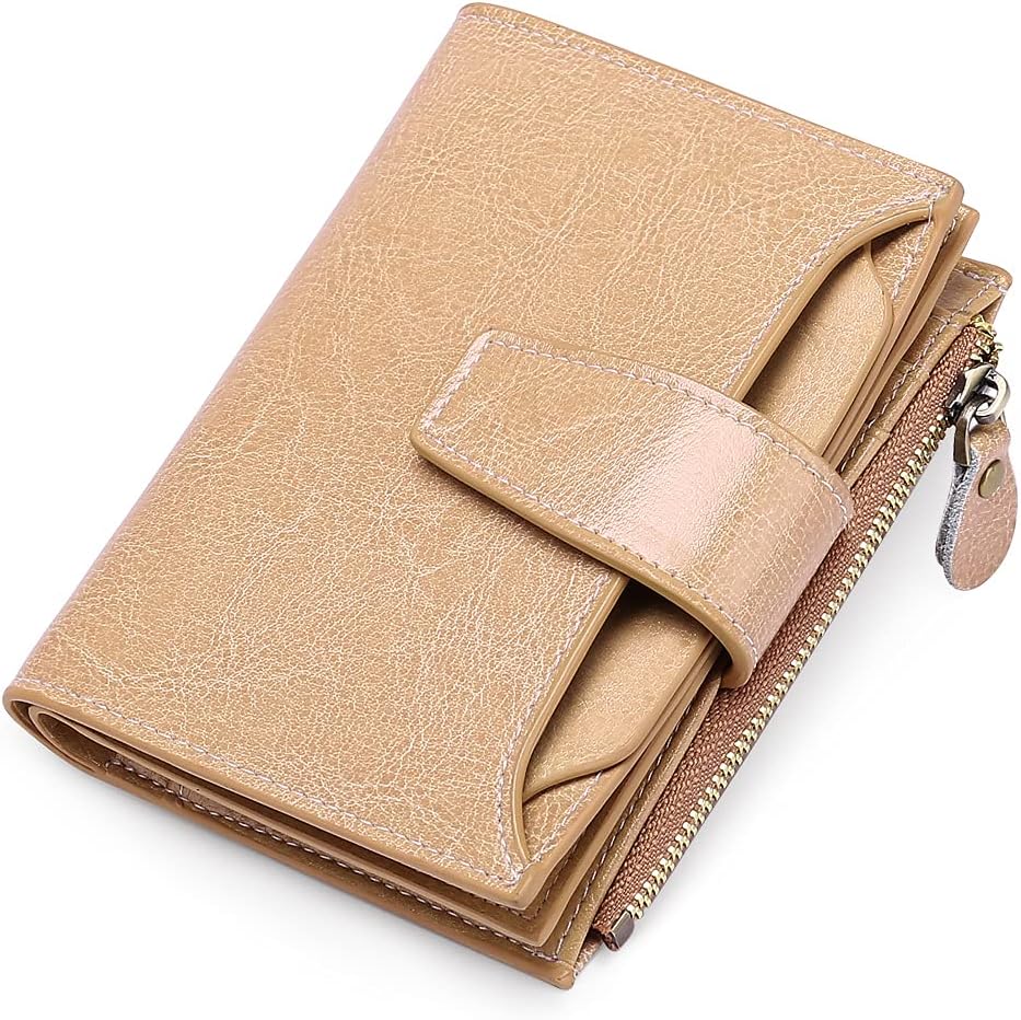 Durable women's compact wallet featuring RFID protection, genuine leather, and efficient card storage.
